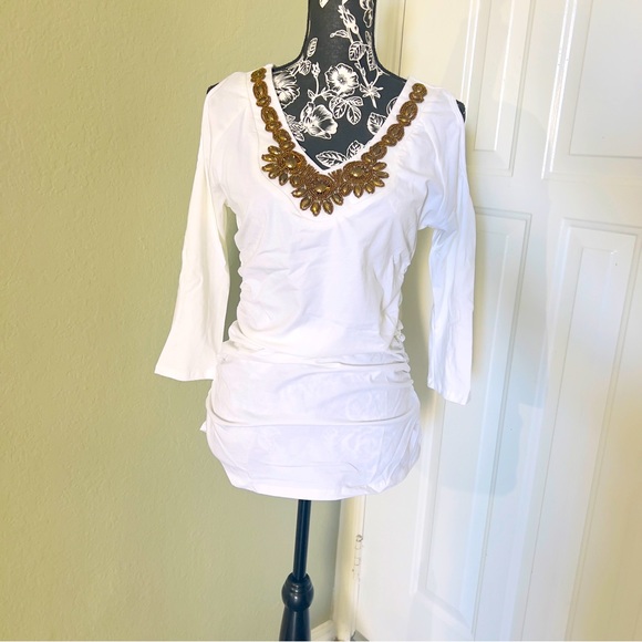 Boston Proper Embellished 3/4 sleeve top Cold Shoulder White with embellishments - Picture 1 of 9